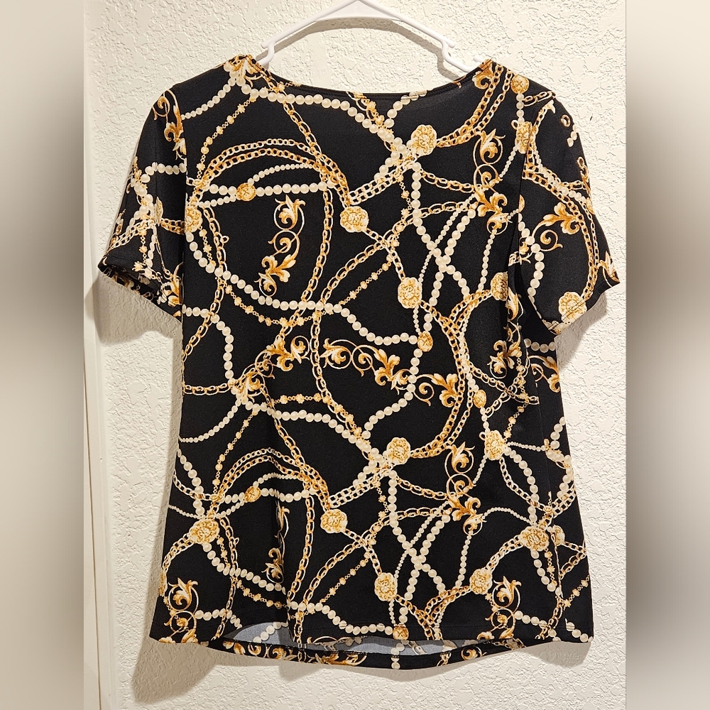 PerSeption Concept Black and Gold Chain Print Blouse Size Small - Picture 2 of 4
